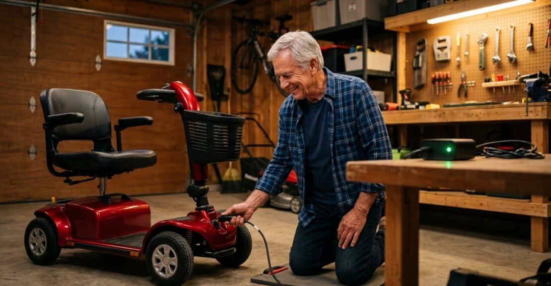 Smiling senior man kneeling in his garage plugging the battery charger into his red mobility scooter