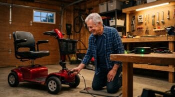 Smiling senior man kneeling in his garage plugging the battery charger into his red mobility scooter