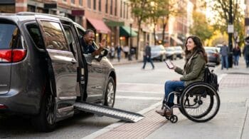 Woman in a wheelchair holding her phone at a city curb as an accessible rideshare van arrives with its ramp deploying and the driver waving