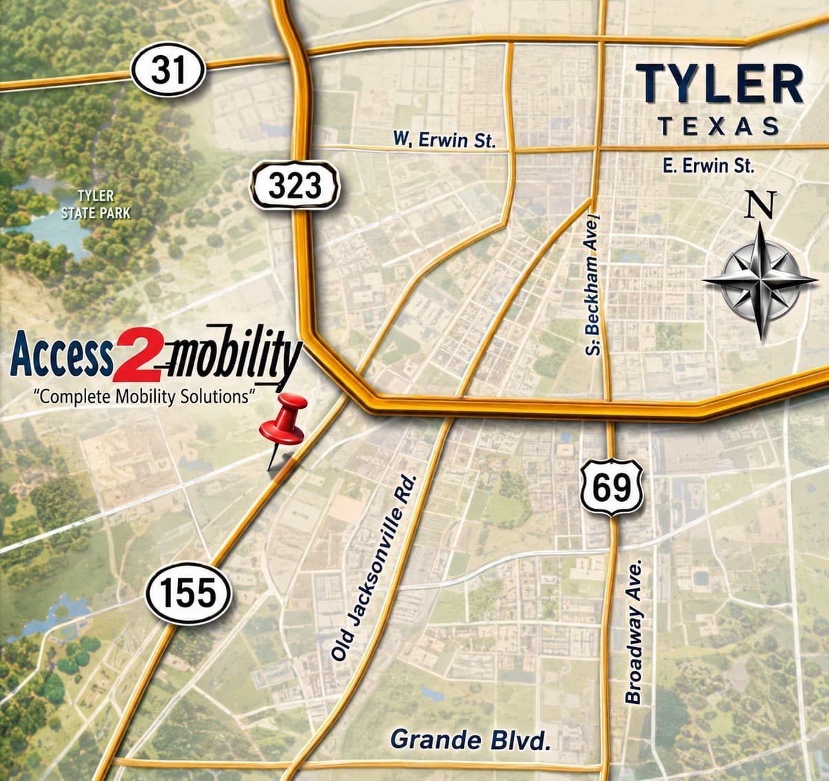 Map showing Access 2 Mobility location at 12406 SH 155 South, Tyler TX