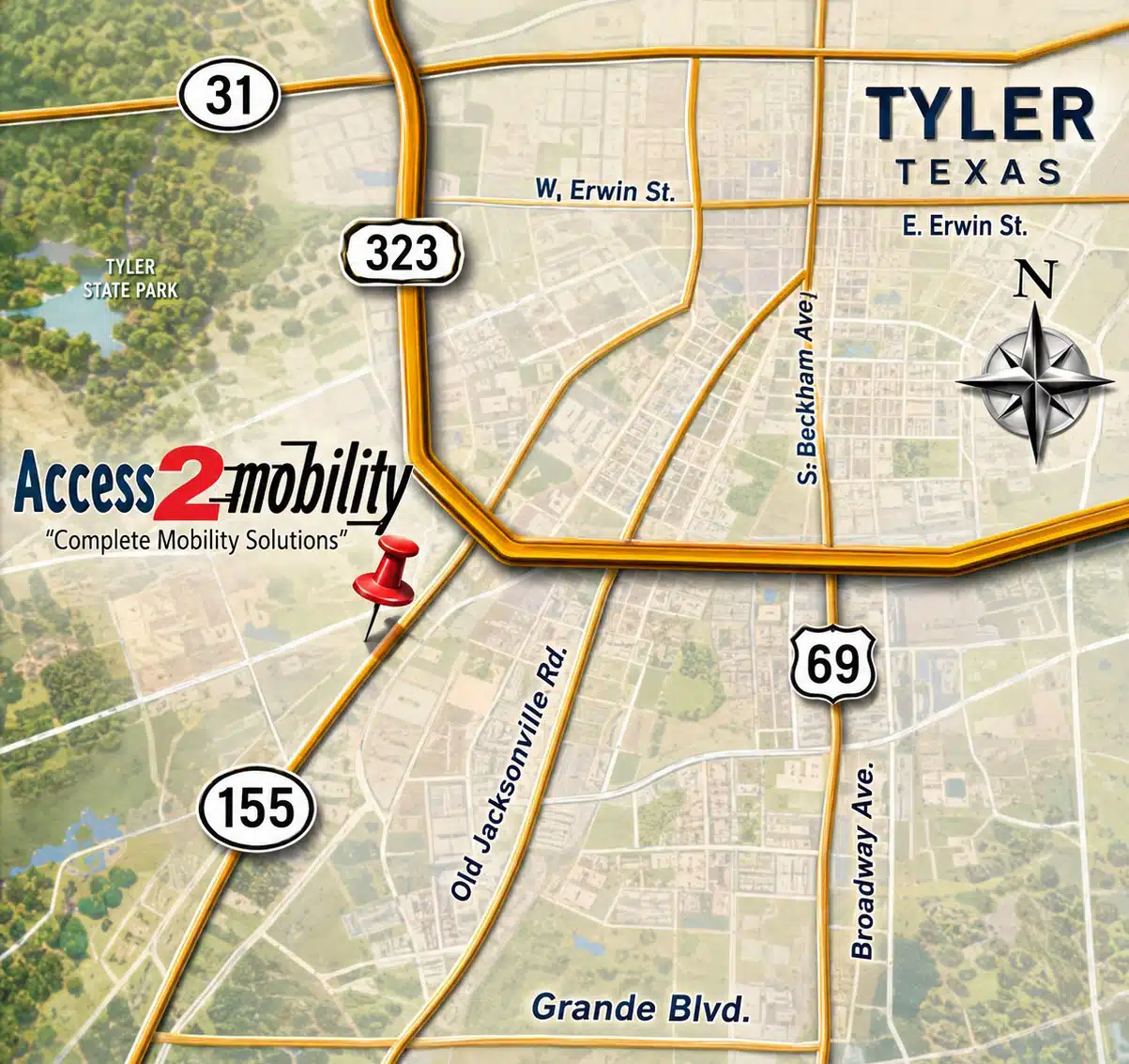 Map showing Access 2 Mobility location at 12406 SH 155 South, Tyler TX