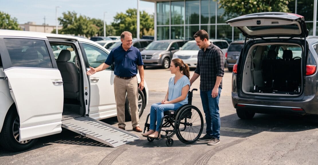 Woman in a wheelchair comparing a side-entry ramp van and a rear-entry van at a mobility dealership while a dealer and her husband look on