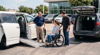 Woman in a wheelchair comparing a side-entry ramp van and a rear-entry van at a mobility dealership while a dealer and her husband look on