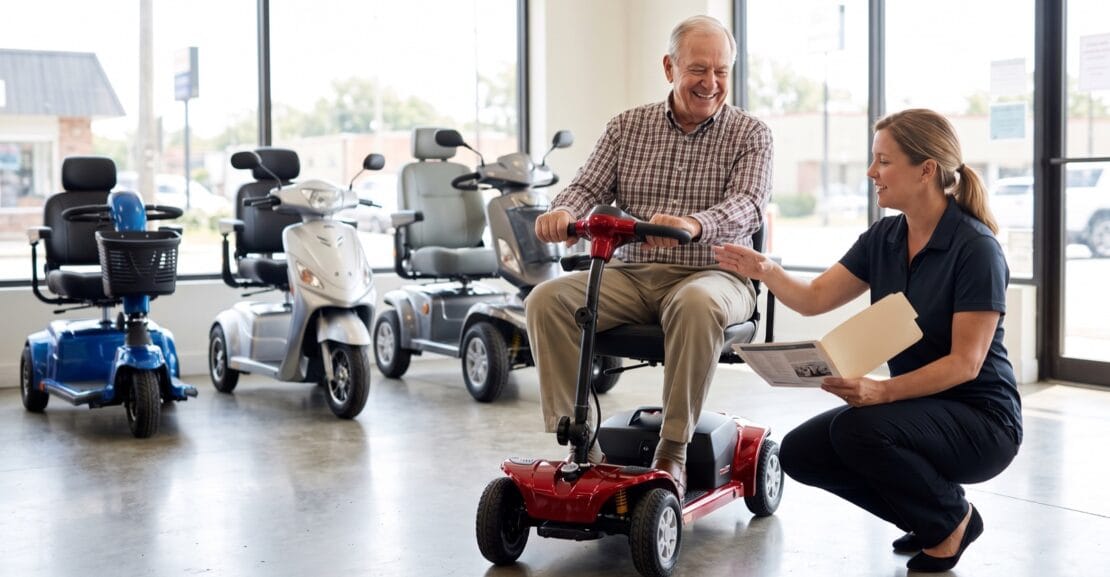 Senior man test-driving a compact mobility scooter in a showroom while a staff member goes over model and pricing options