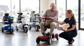 Senior man test-driving a compact mobility scooter in a showroom while a staff member goes over model and pricing options