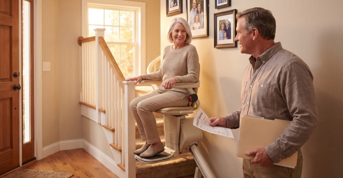 Senior woman riding a stair lift up her home staircase while her son reviews an installation quote