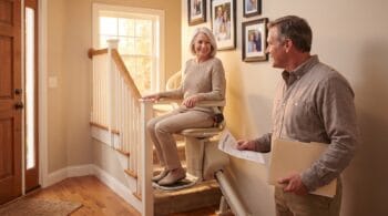 Senior woman riding a stair lift up her home staircase while her son reviews an installation quote