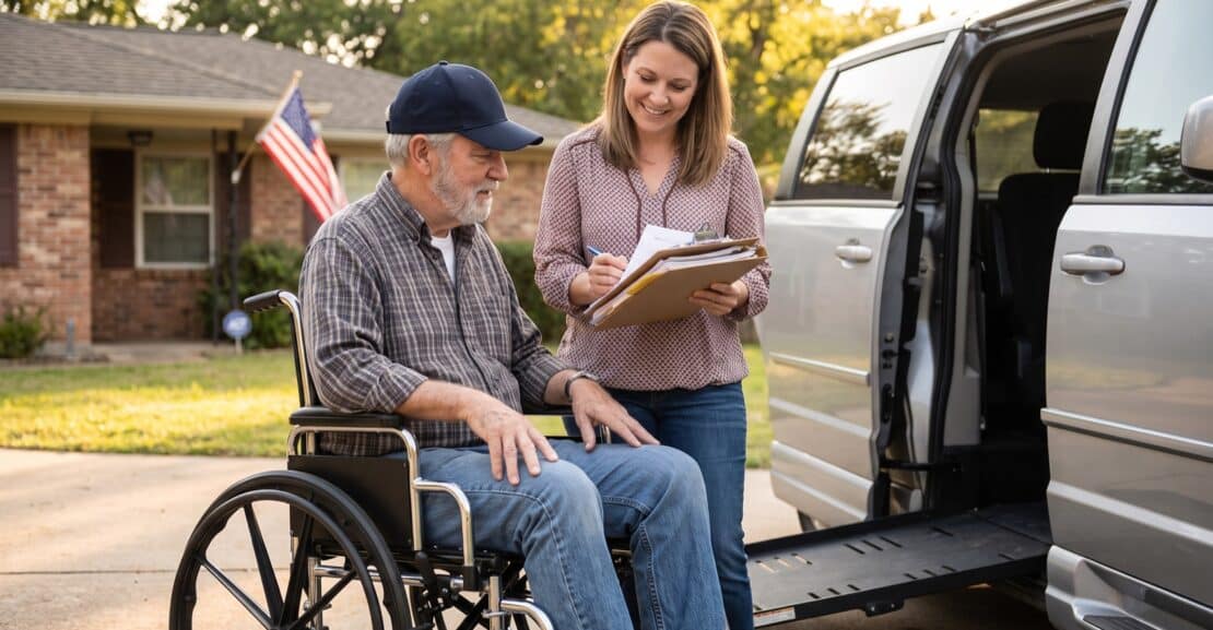 Veteran in a wheelchair reviewing VA benefit paperwork with his daughter beside a wheelchair accessible van with the ramp deployed