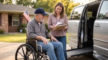 Veteran in a wheelchair reviewing VA benefit paperwork with his daughter beside a wheelchair accessible van with the ramp deployed
