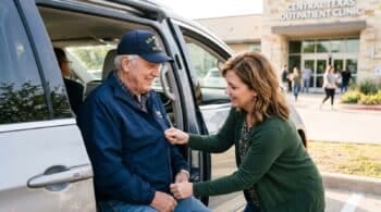 Senior veteran in a veteran cap being helped from a van outside an outpatient clinic