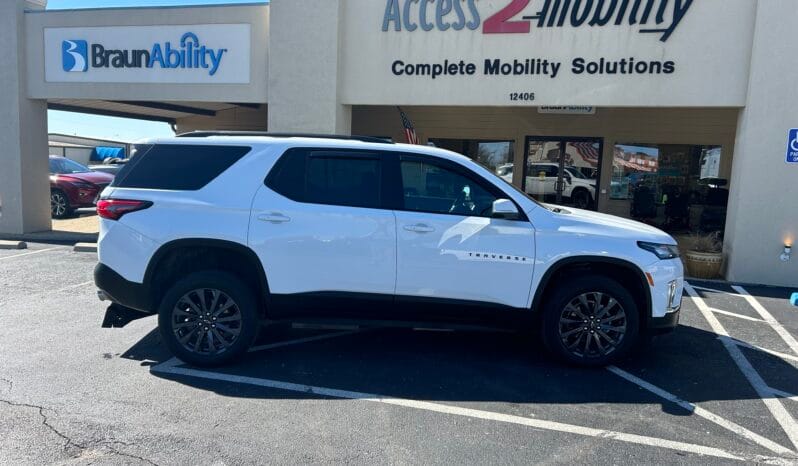 2022 Chevrolet Traverse RS wheelchair accessible SUV, white, passenger side profile at Access 2 Mobility in Tyler, Texas
