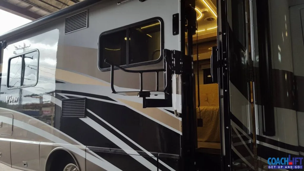Interior-mount lift in the step well of a Class C motorhome