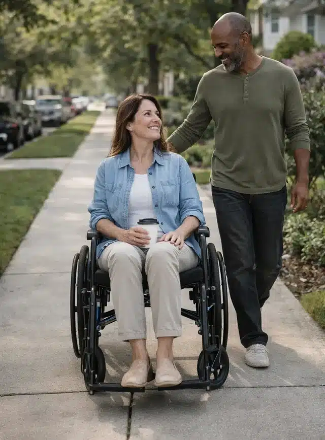 Woman seated in a Strongback ErgoSteel wheelchair on a sidewalk, walking with a companion